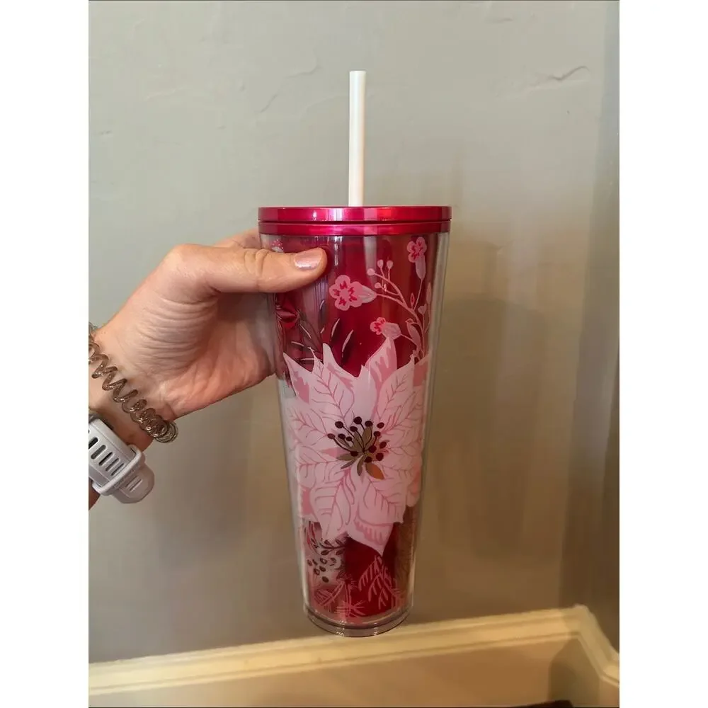 Starbucks Red Floral Bird Tumbler with White Straw